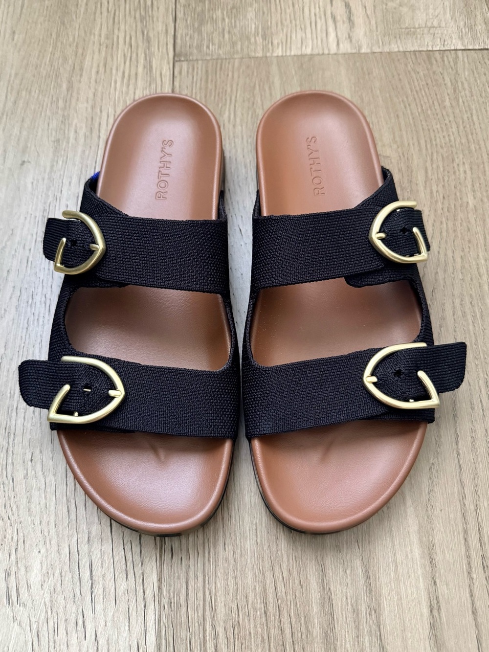 Rothy’s The Buckle Slide Double Black Strap Gold Tortoise Soles 9.5